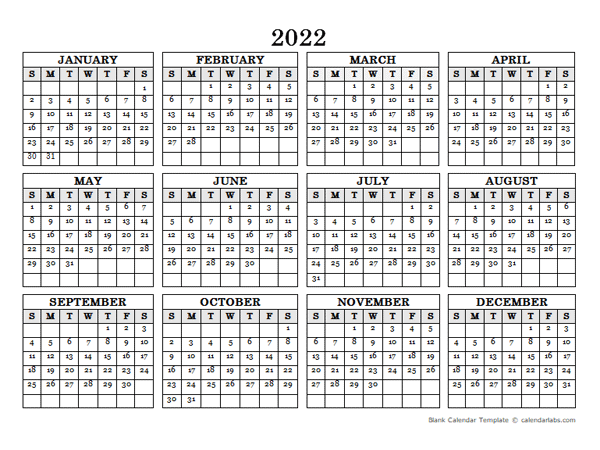 2022 Blank Yearly Calendar Landscape - Free Printable ...