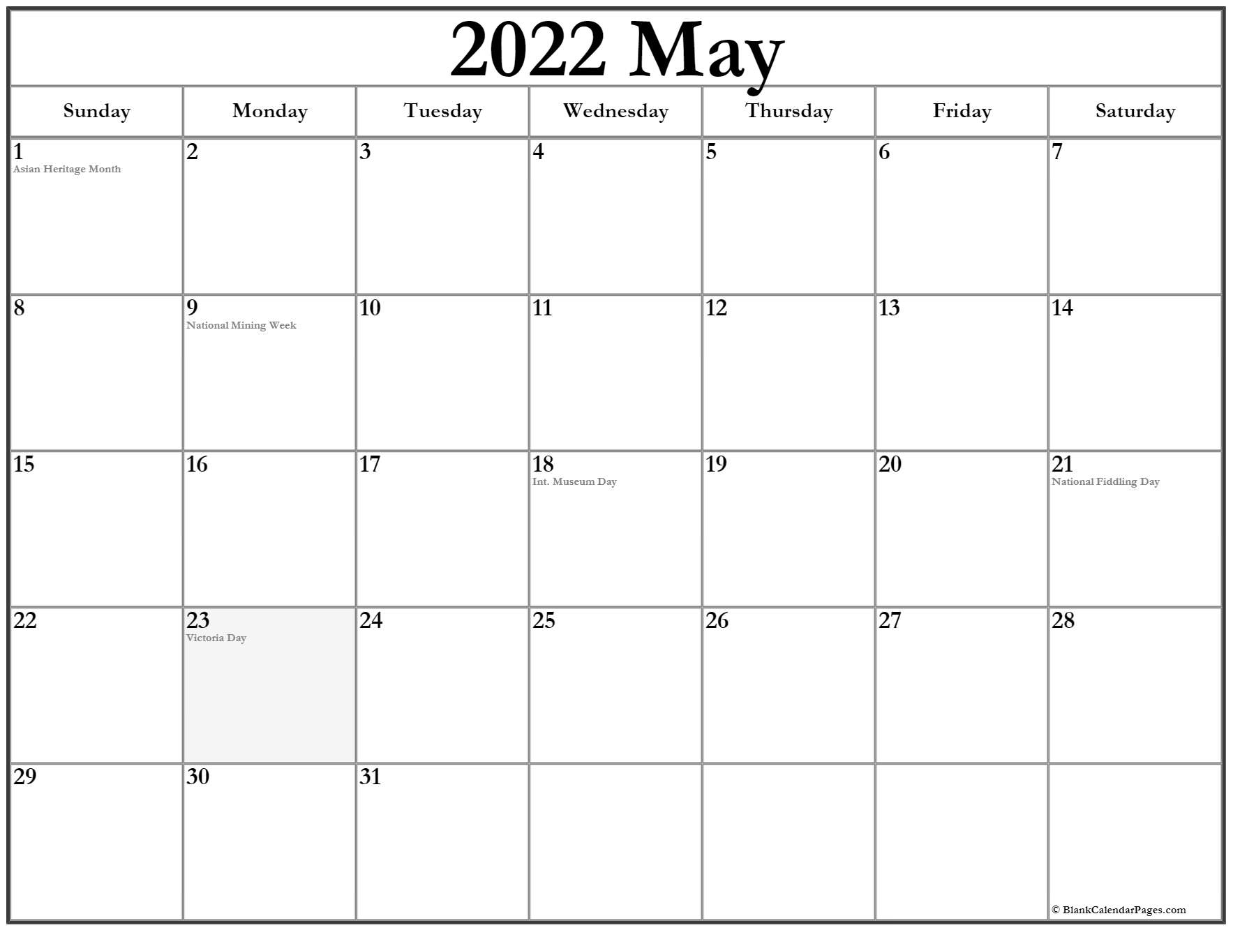 May 2022 calendar with holidays