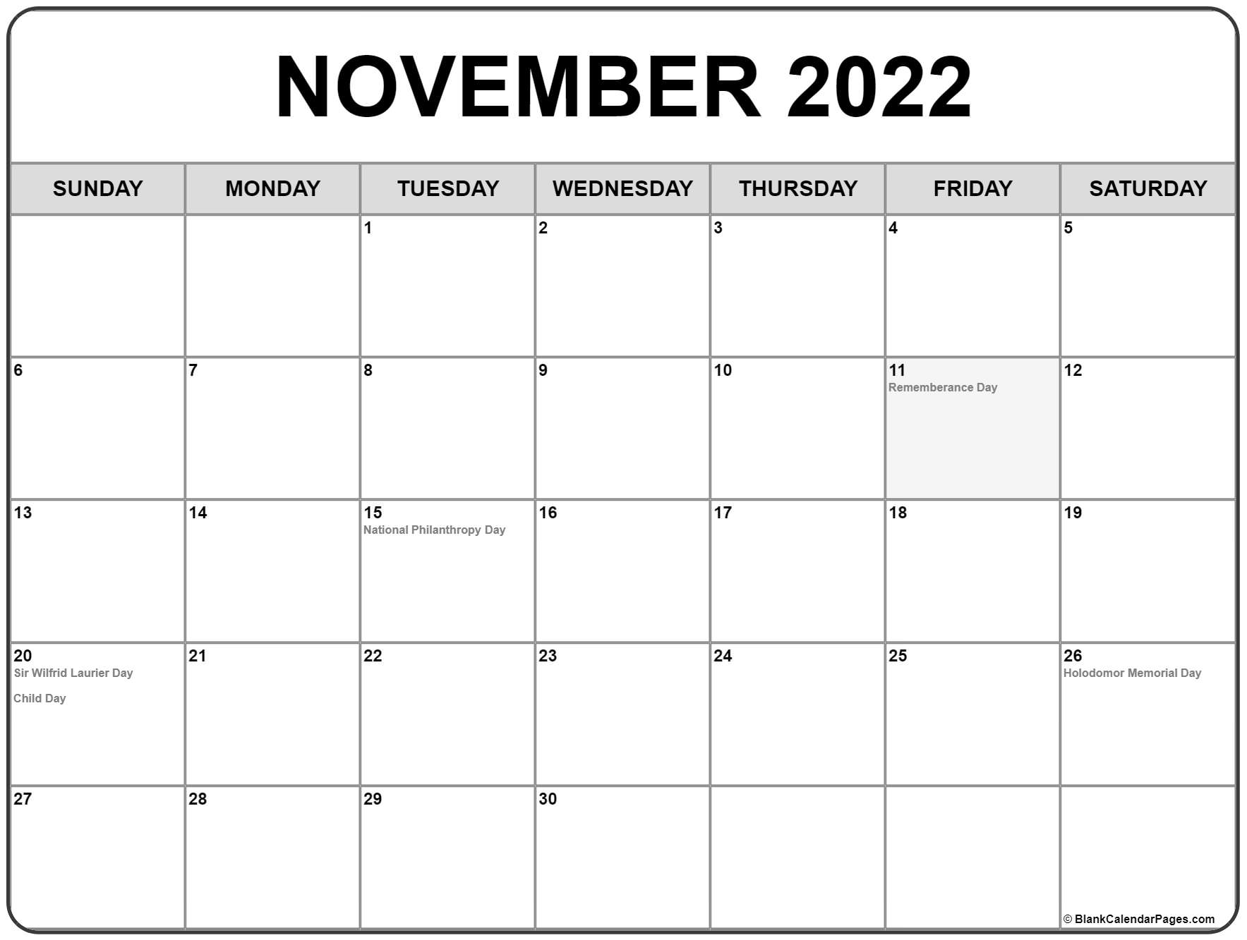 November 2022 calendar with holidays