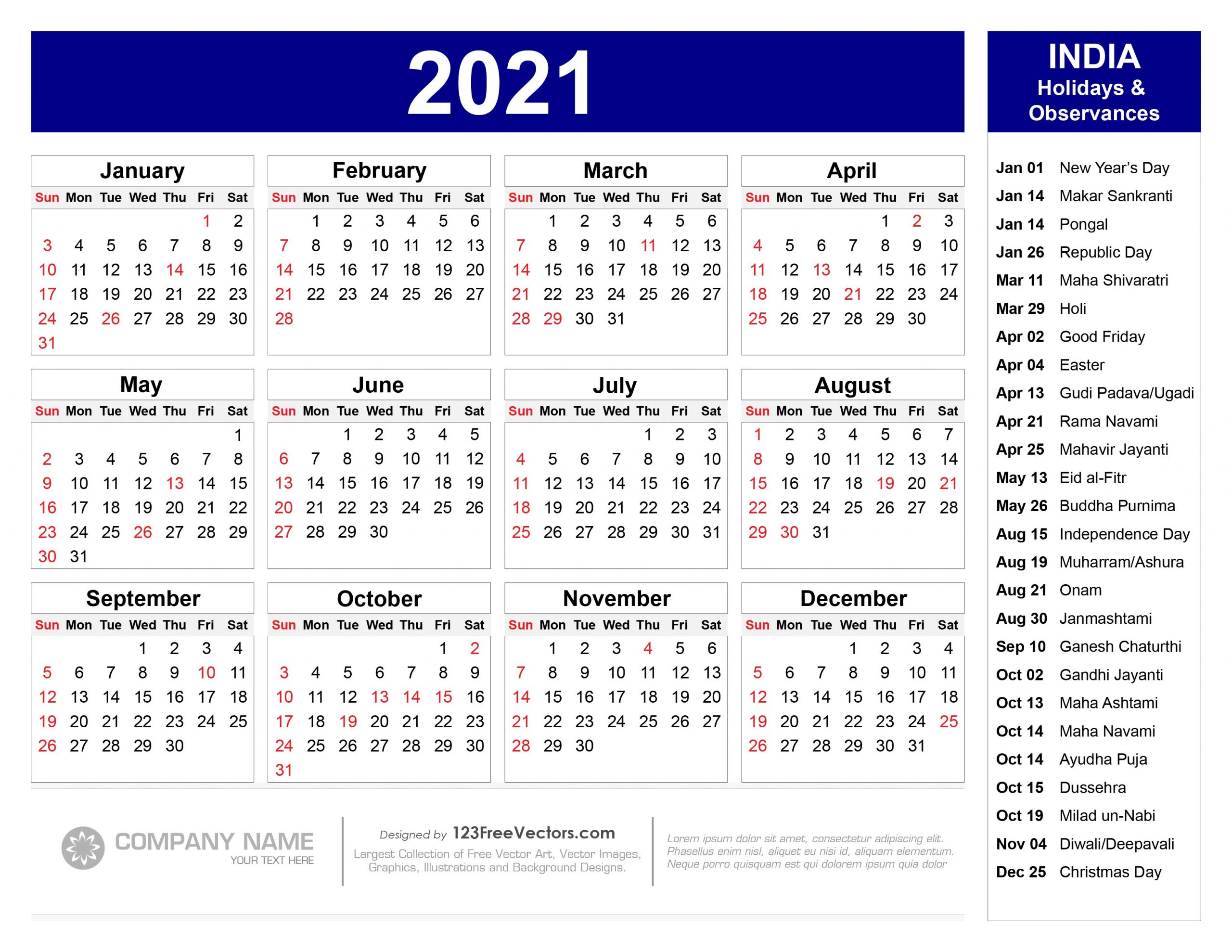 2021 calendar with holidays india pdf january 2021