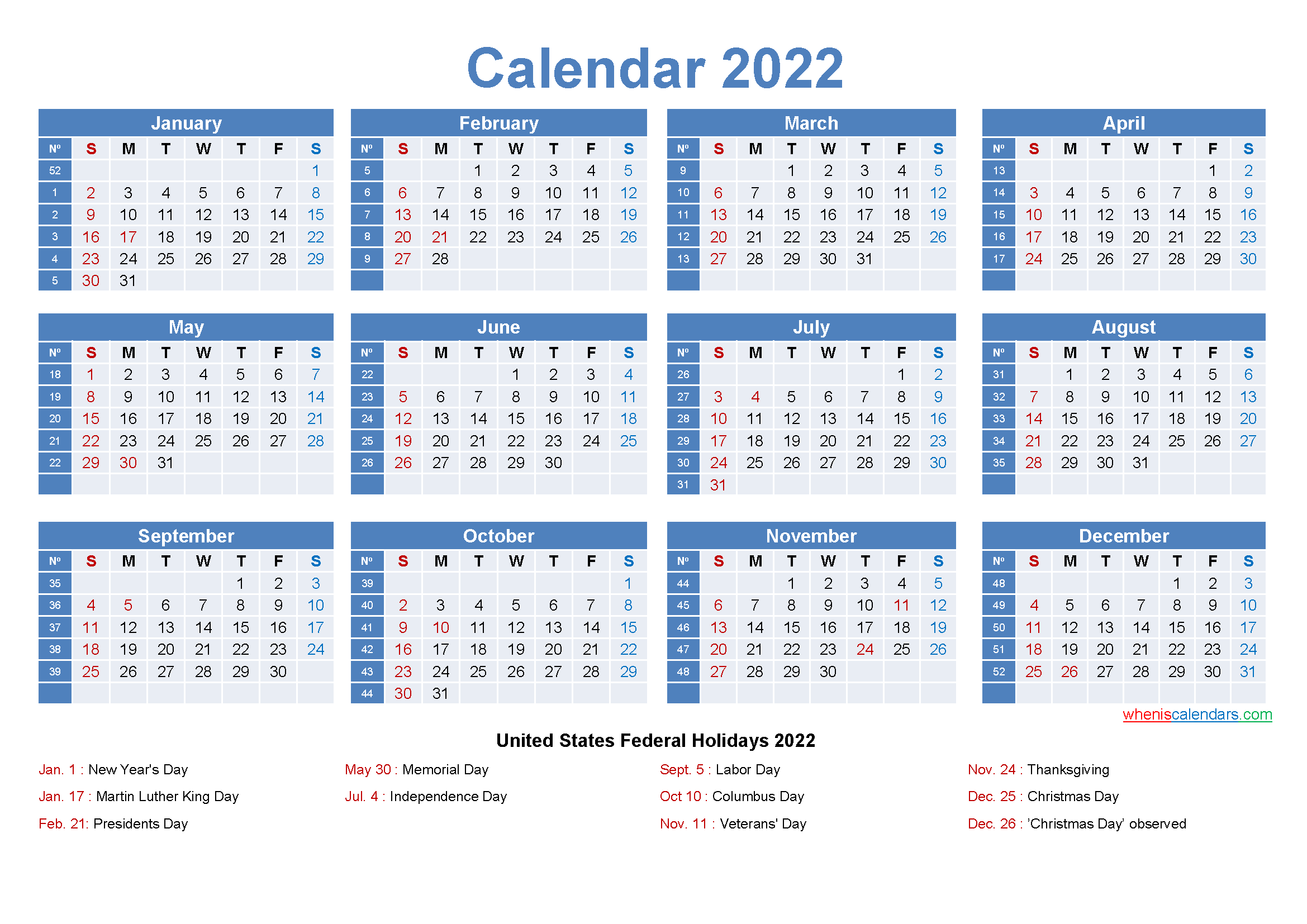 Free Printable Yearly 2022 Calendar with Holidays as Word ...