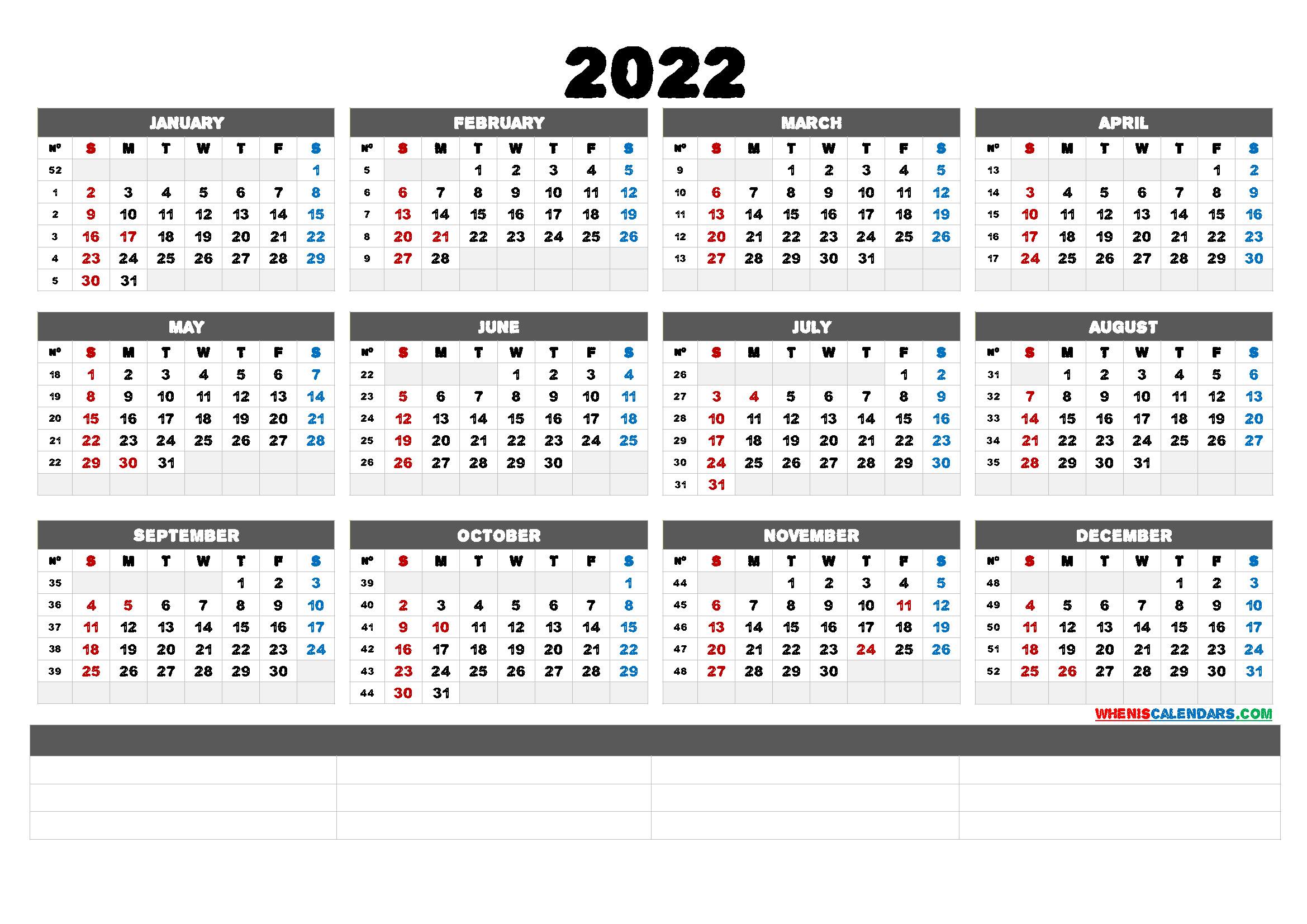 2022 Free Printable Yearly Calendar (6 Templates) - Free ...