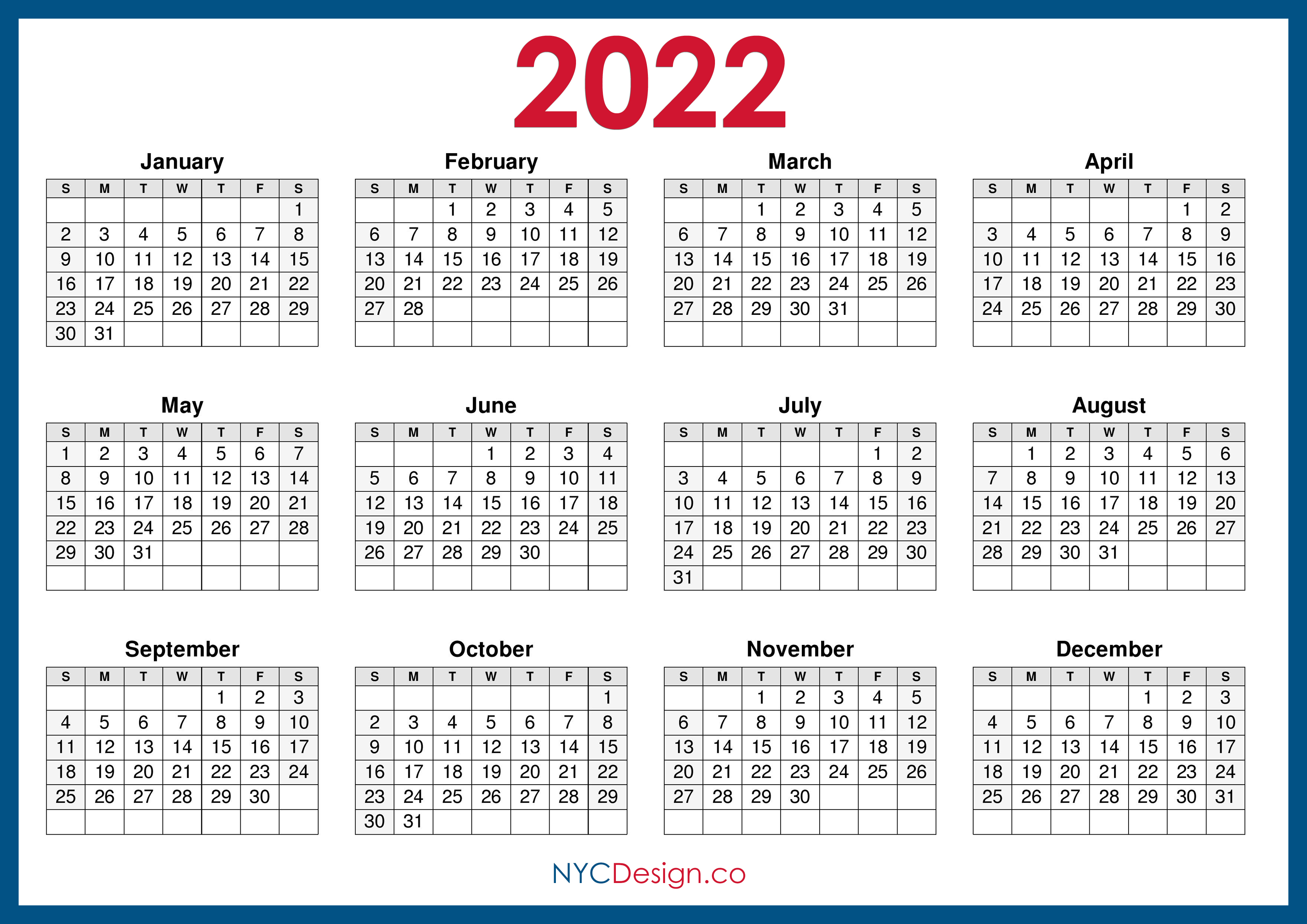 2022 Calendar Printable Free, Horizontal, Blue, HD ...