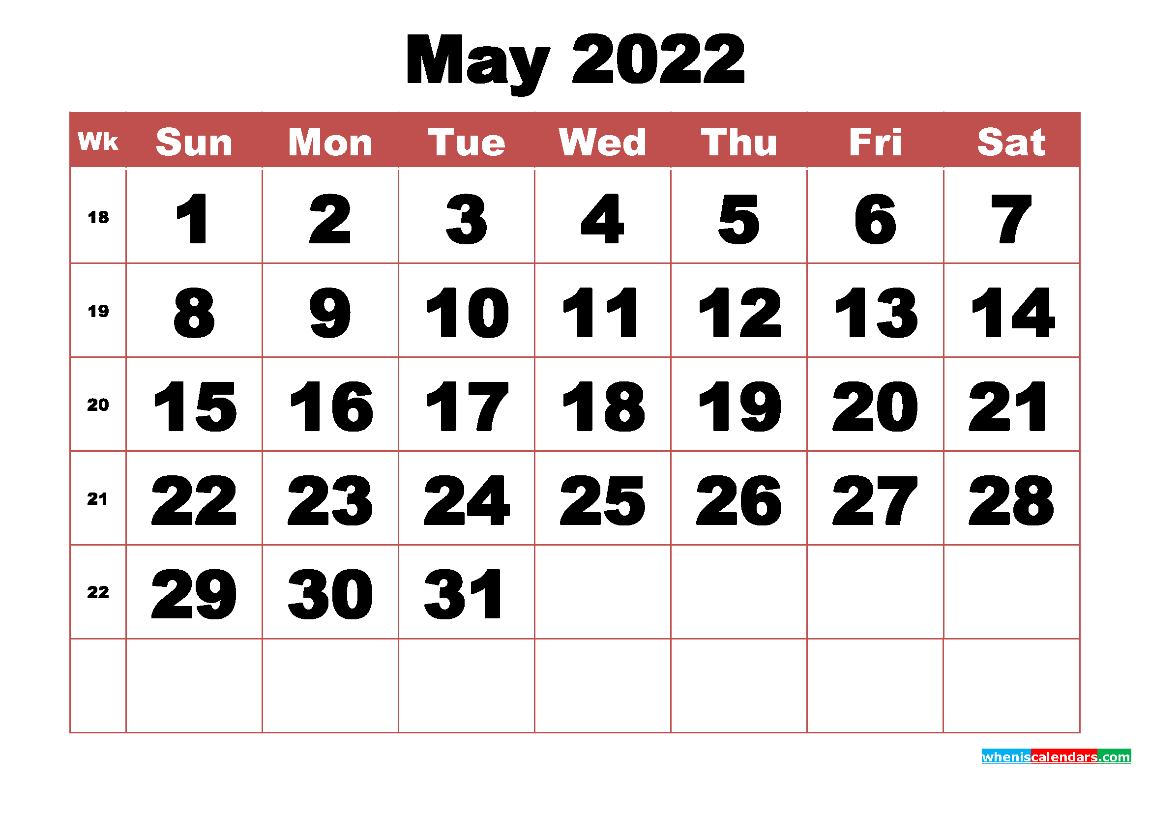 Free Printable May 2022 Calendar with Week Numbers - Free ...