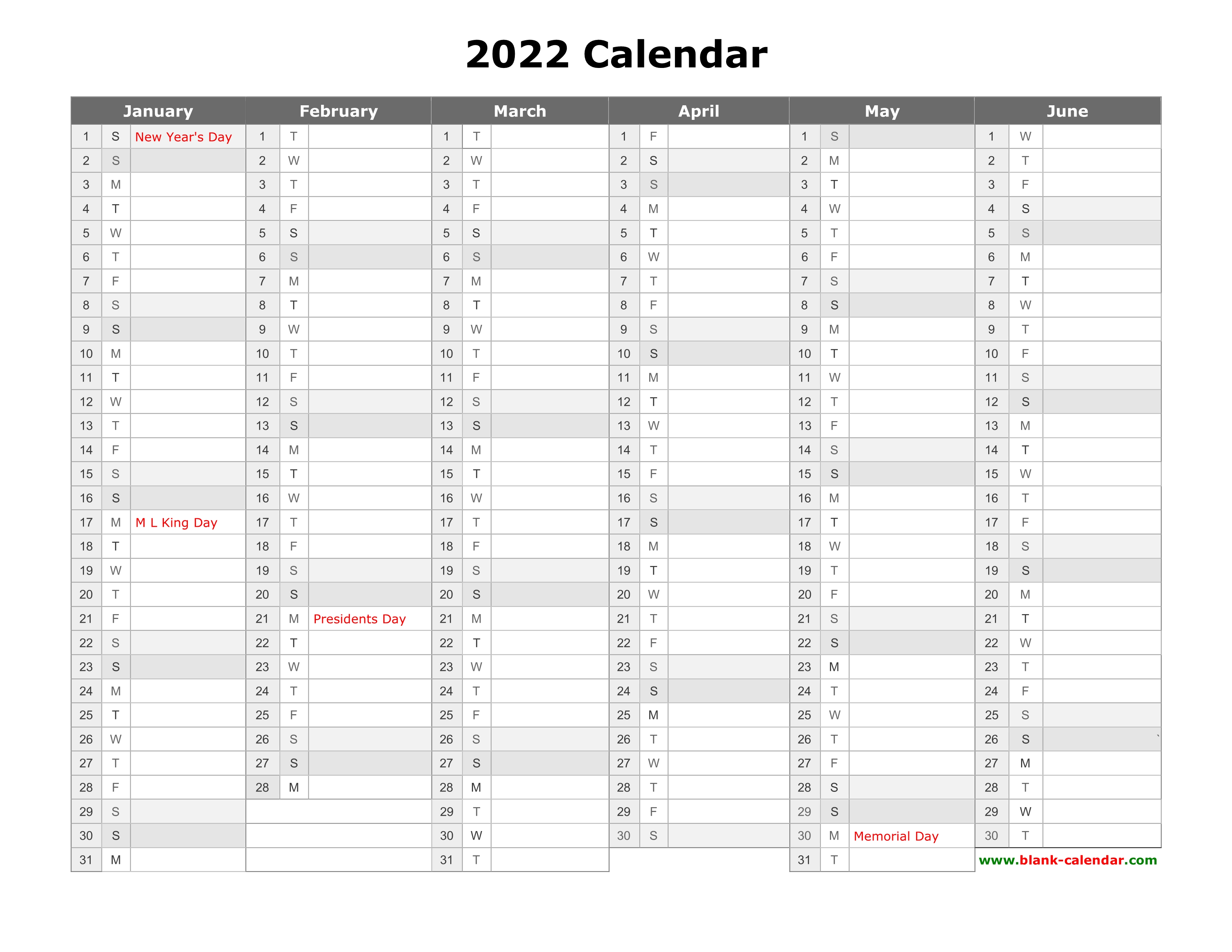 Free Download Printable Calendar 2022, month in a column ...