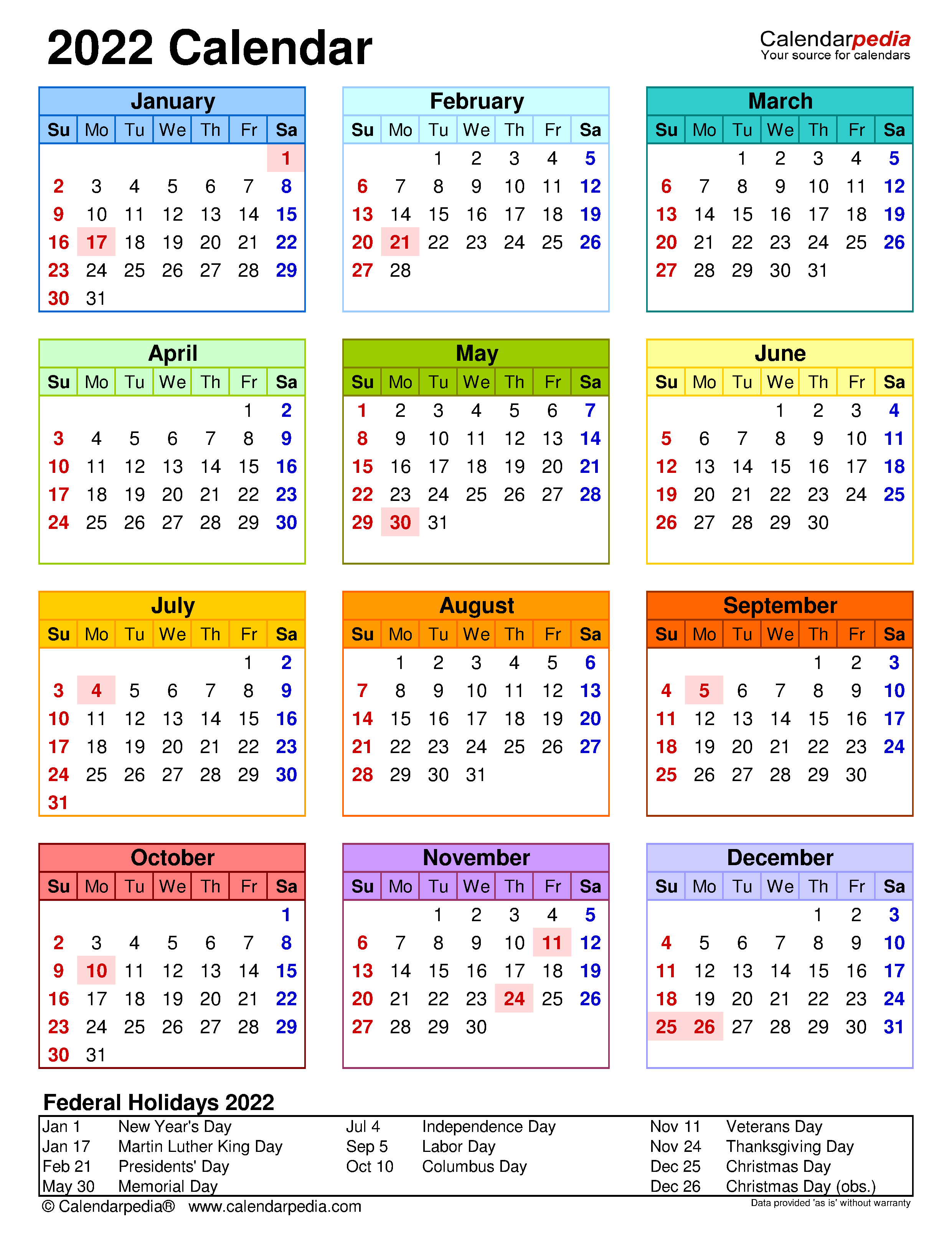 2022 Calendar - Free Printable PDF Templates - Calendarpedia