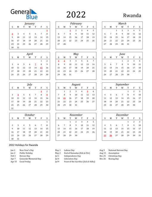 2022 Calendar - Rwanda with Holidays
