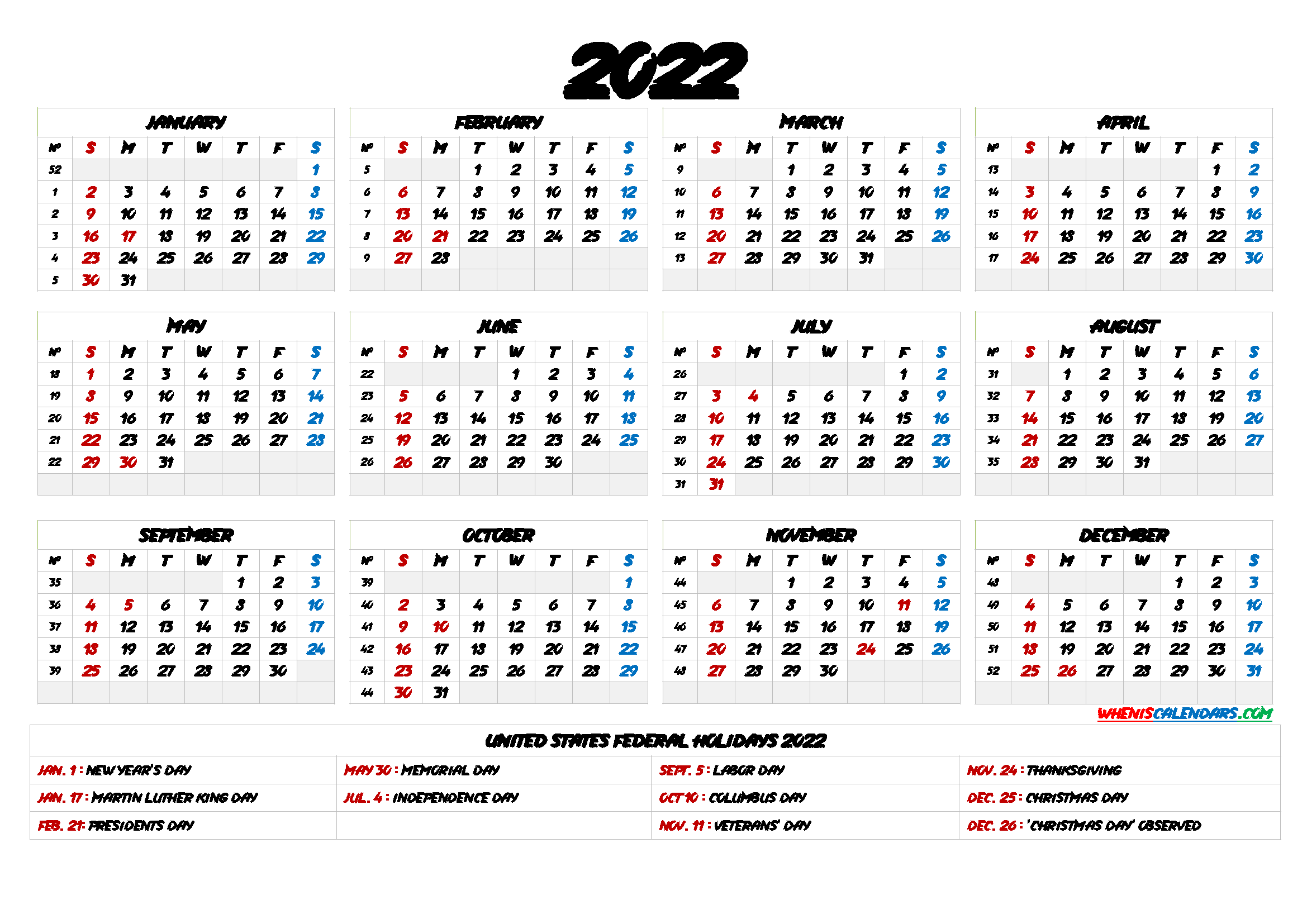 Printable Calendar 2022 with Holidays - 9 Templates - Free ...