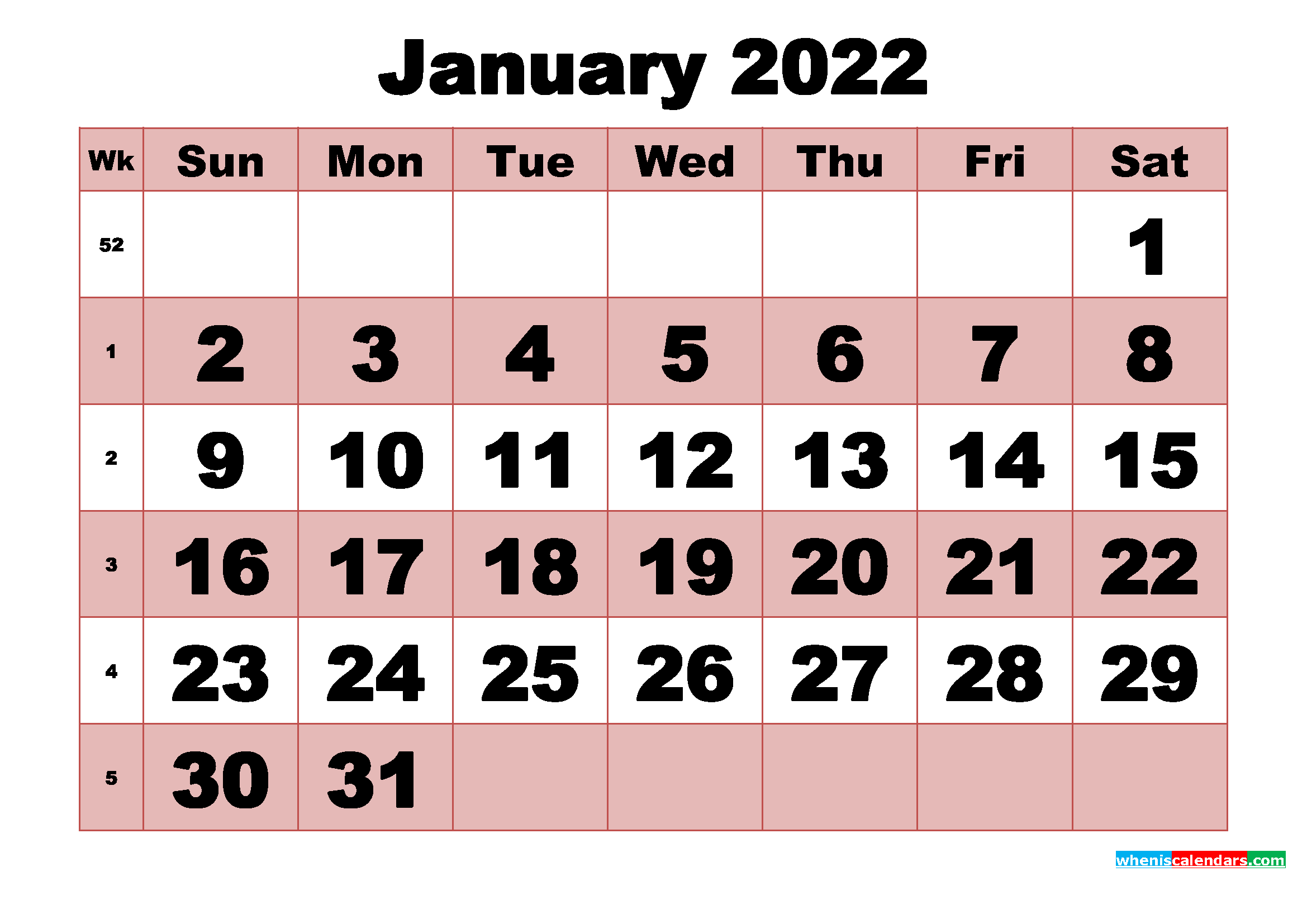 Free Printable Monthly Calendar January 2022 | Free ...
