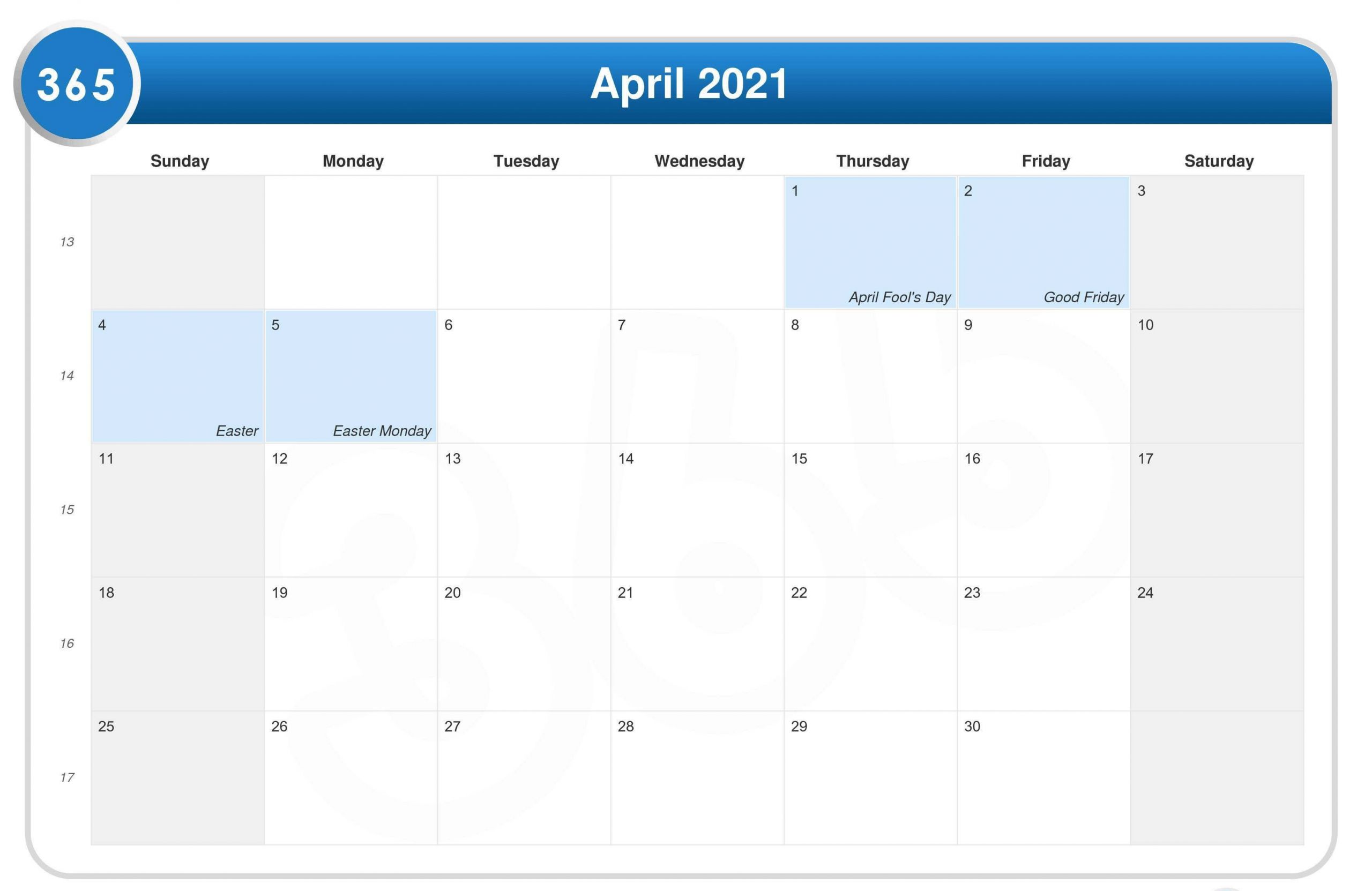 Free April 2021 Calendar – Blank Printable Template