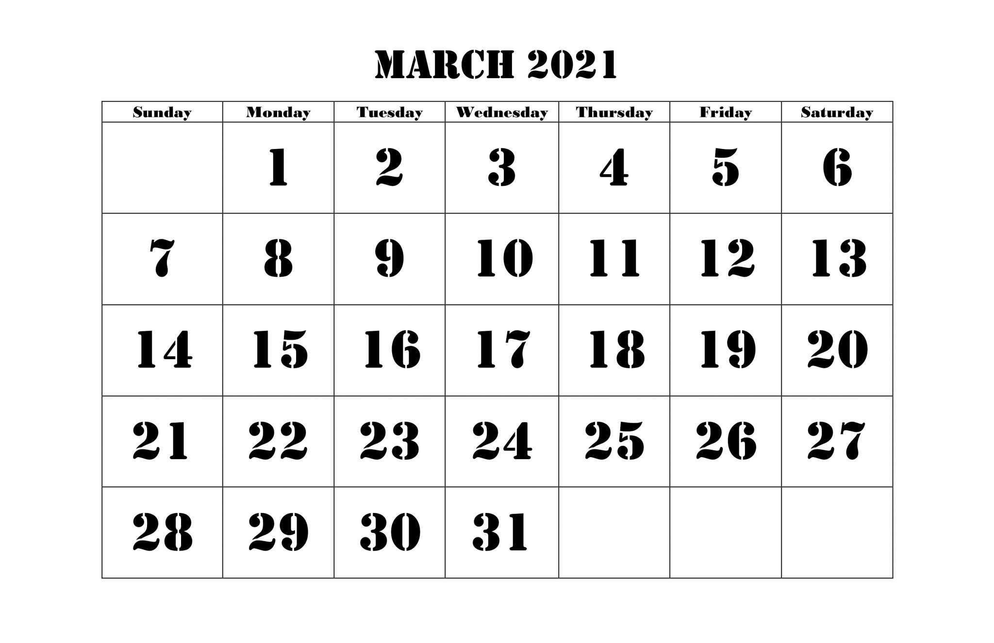 March 2021 Calendar Template Editable with Notes