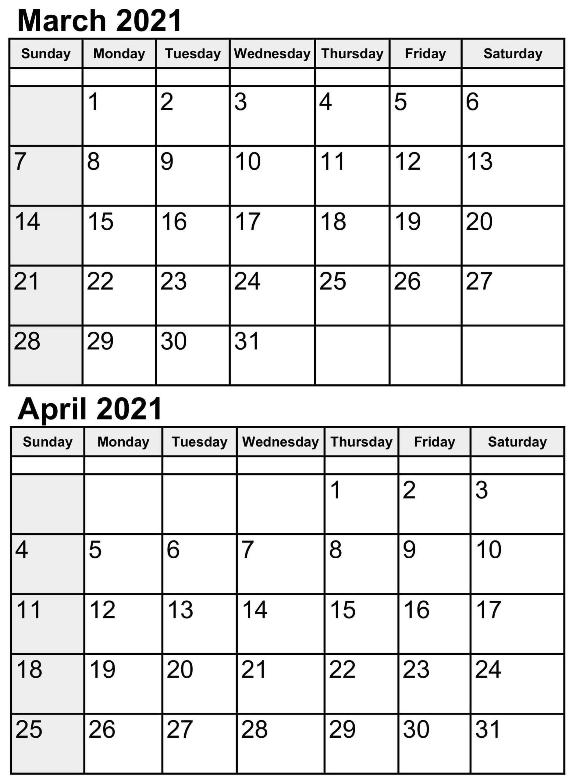 Blank March April 2021 Calendar Word with Notes