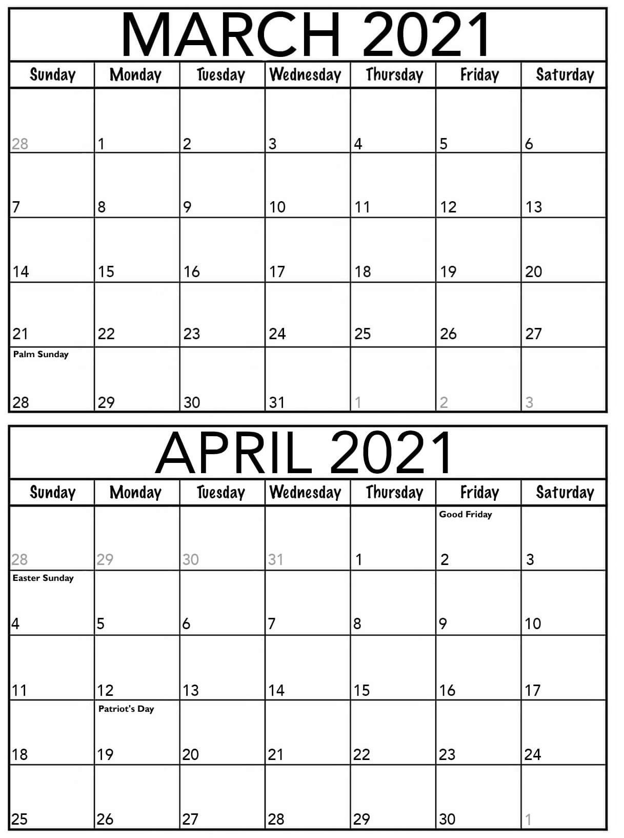Editable March April 2021 Calendar Printable Sheets