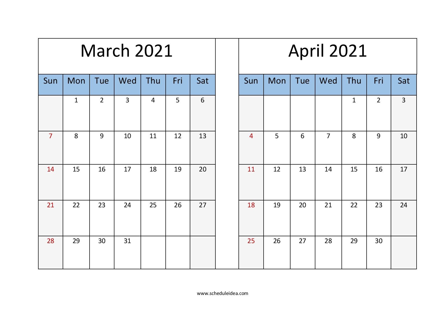 March and April 2021 Calendar Printable 2 Months Template