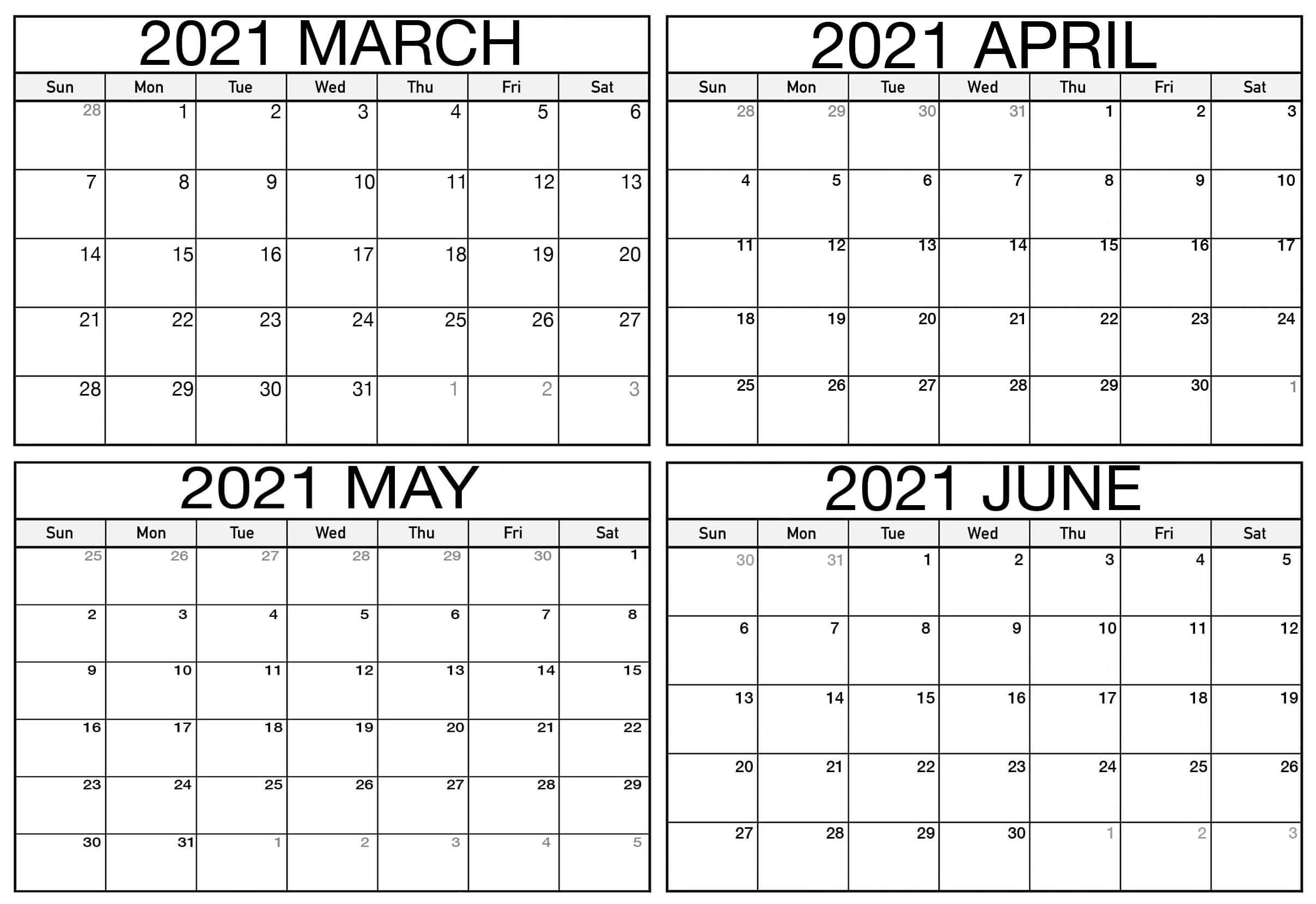 Cute March To June 2021 Calendar Template Printable Set