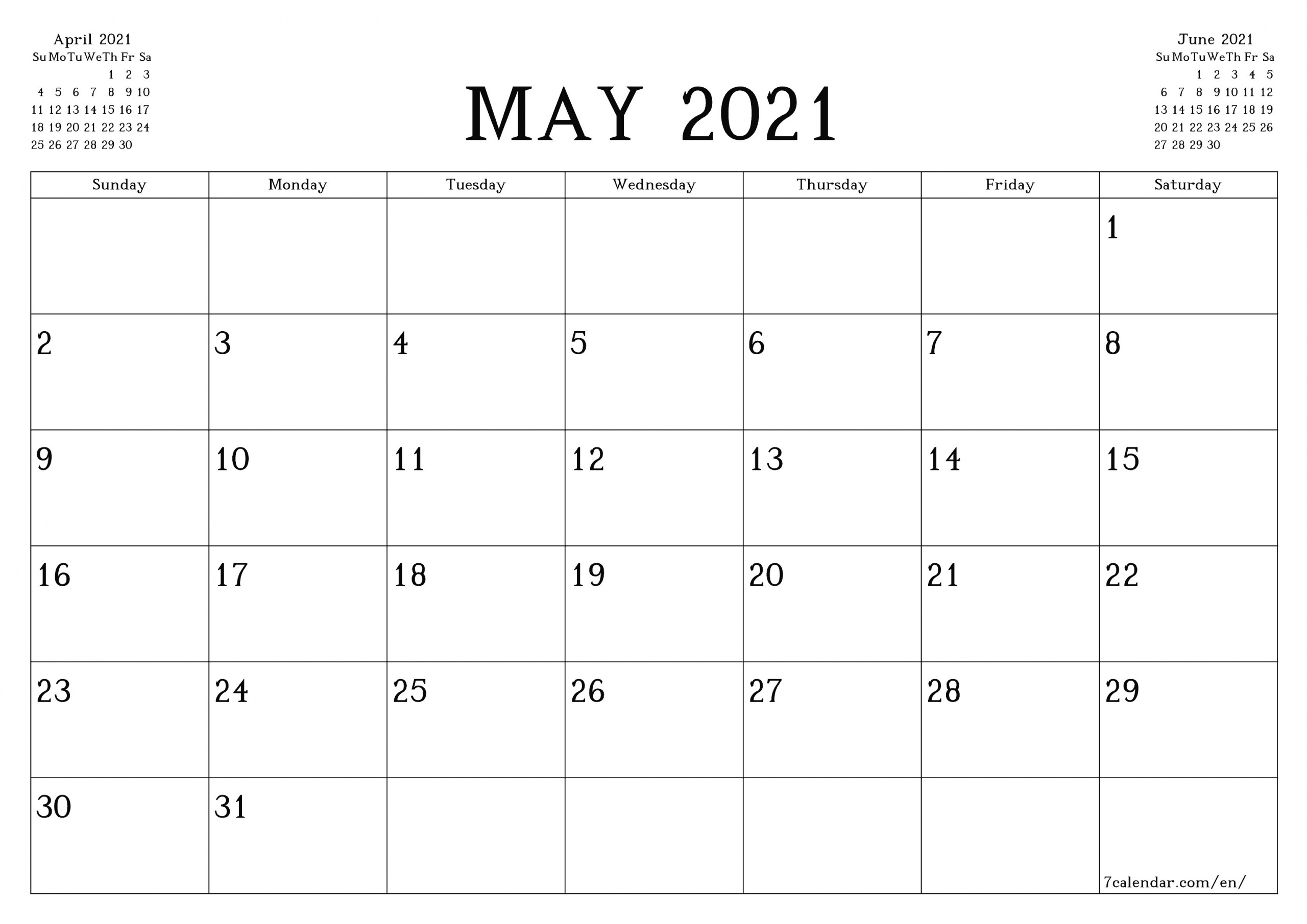 Free printable blank monthly calendar and planner for May