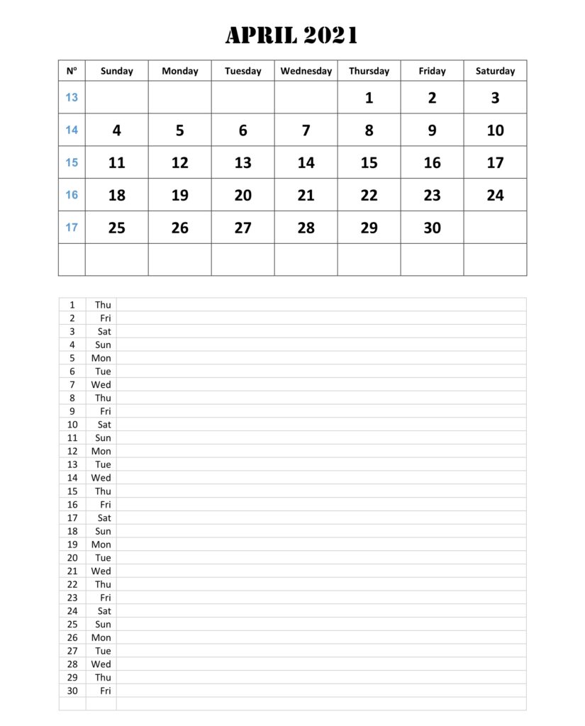 april 2021 calendar notes on bottom pdf