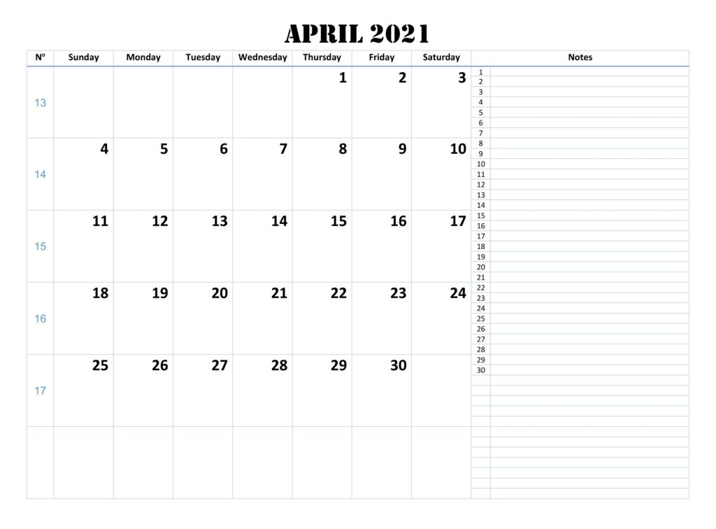 april 2021 calendar notes on right pdf
