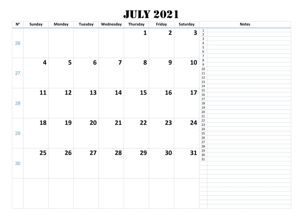 july 2021 calendar notes on right pdf