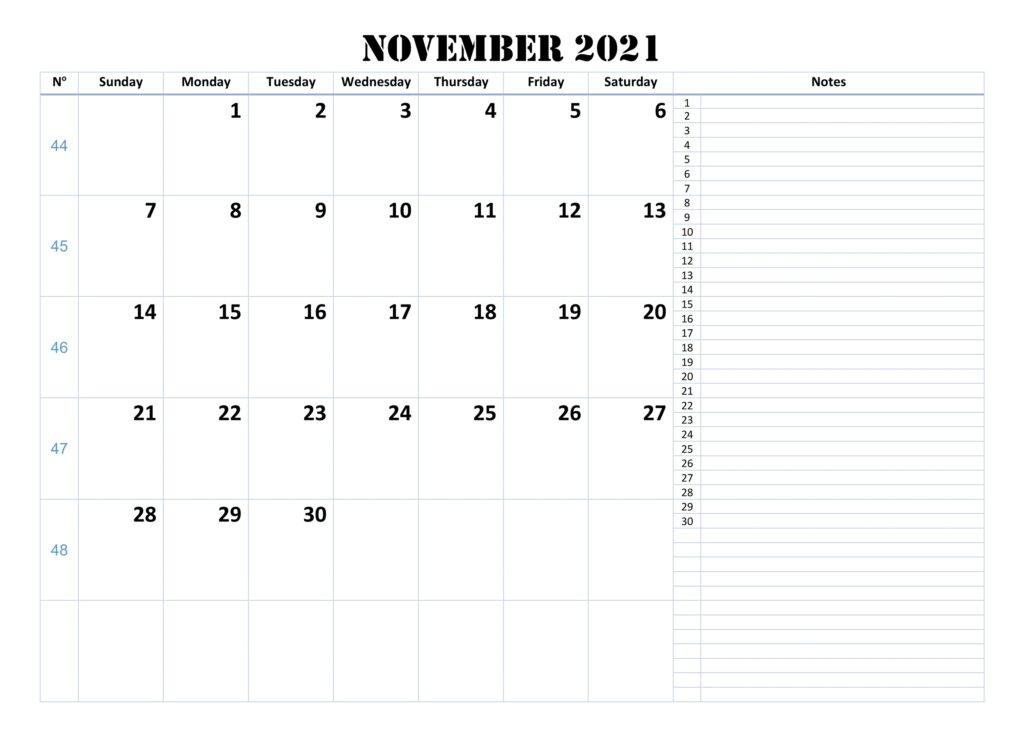 november 2021 calendar notes on right pdf